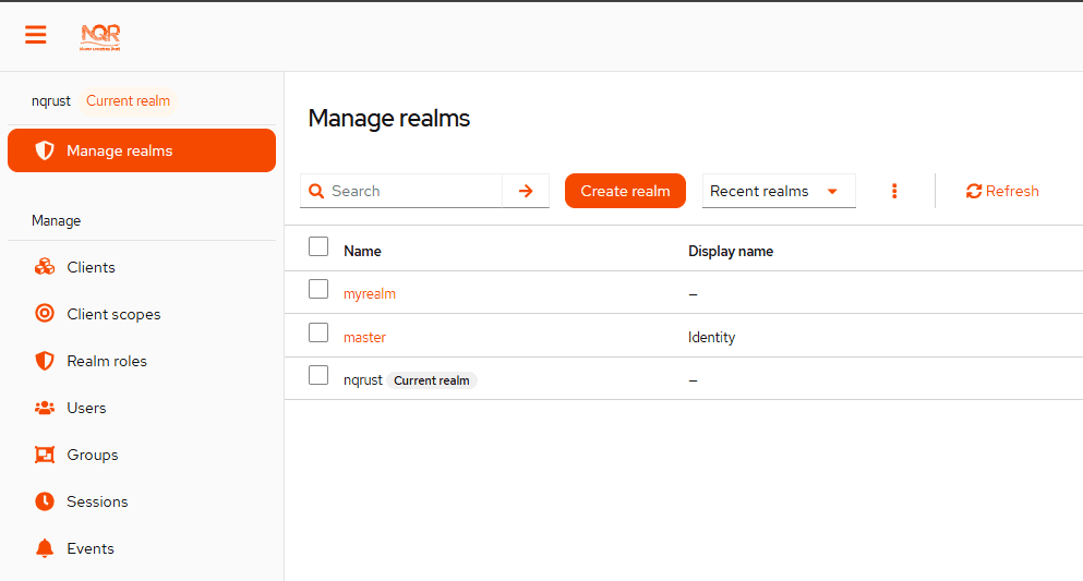 Identity Admin Console with nqrust realm selected