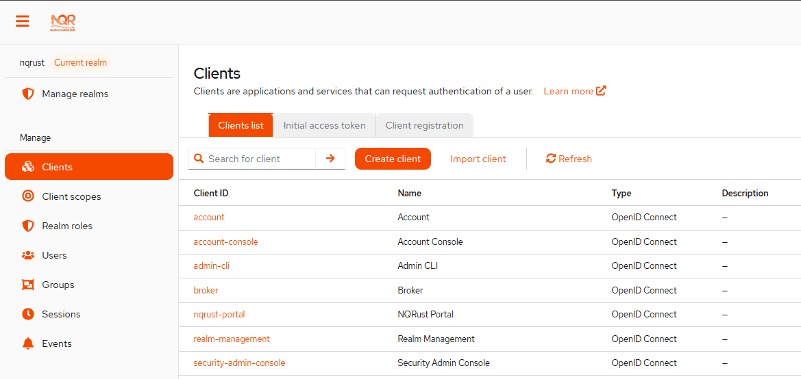Clients page with Create client button